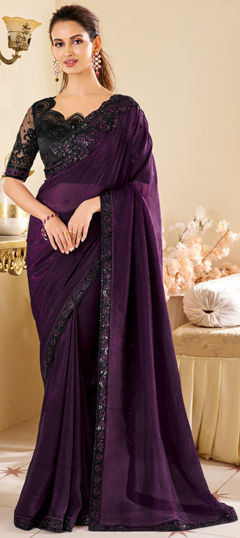 Purple and Violet color Saree in Silk fabric with Embroidered, Sequence, Thread work