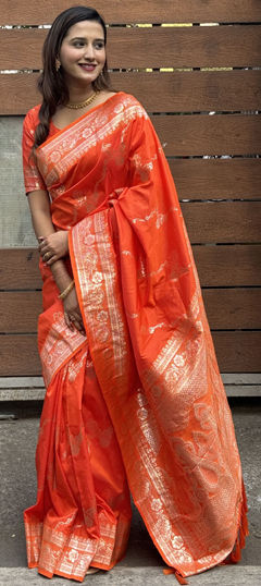 Orange color Saree in Banarasi Silk fabric with Weaving work