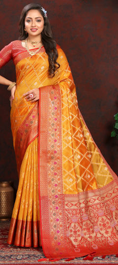 Yellow color Saree in Organza Silk fabric with Weaving work