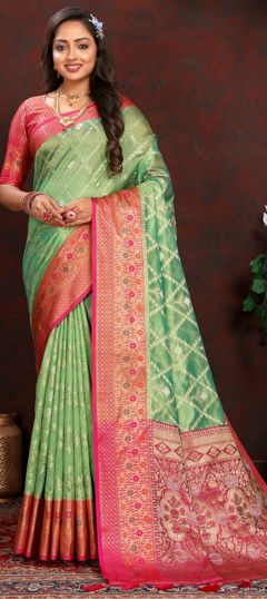 Green color Saree in Organza Silk fabric with Weaving work