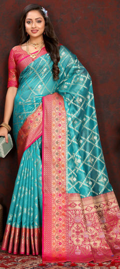 Blue color Saree in Organza Silk fabric with Weaving work