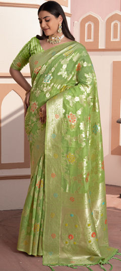 Green color Saree in Silk cotton fabric with Weaving, Zari work