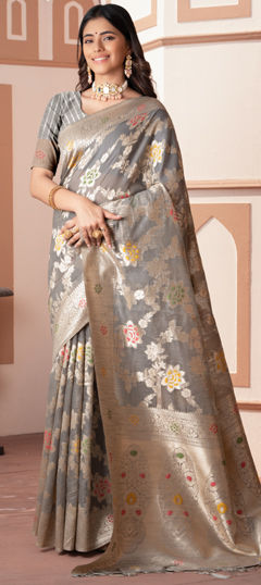 Black and Grey color Saree in Silk cotton fabric with Weaving, Zari work