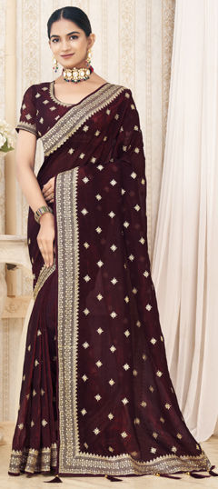 Beige and Brown color Saree in Silk fabric with Embroidered, Thread, Zari work