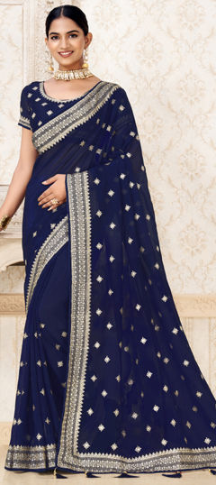 Blue color Saree in Silk fabric with Embroidered, Thread, Zari work