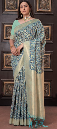 Blue color Saree in Cotton fabric with Printed, Weaving work