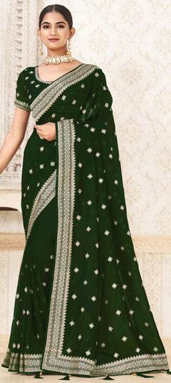 Green color Saree in Silk fabric with Embroidered, Thread, Zari work