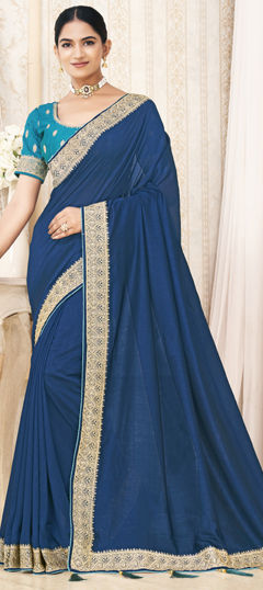 Blue color Saree in Silk fabric with Embroidered, Thread, Zari work