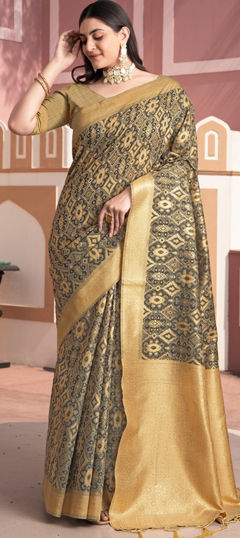 Beige and Brown color Saree in Cotton fabric with Printed, Weaving work