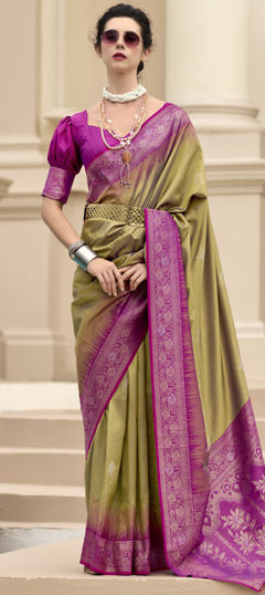 Green, Pink and Majenta color Saree in Silk fabric with Weaving work