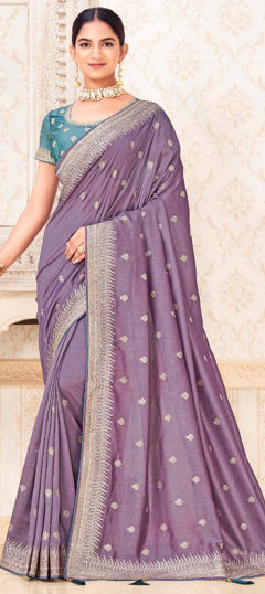 Purple and Violet color Saree in Silk fabric with Embroidered, Thread work