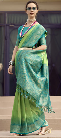 Green color Saree in Silk fabric with Weaving work