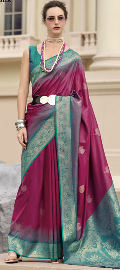 Red and Maroon color Saree in Silk fabric with Weaving work