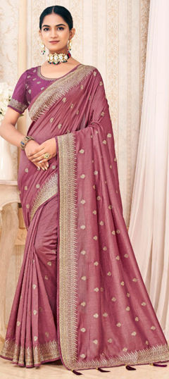 Pink and Majenta color Saree in Silk fabric with Embroidered, Thread work