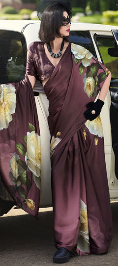 Beige and Brown color Saree in Satin Silk fabric with Floral, Printed work