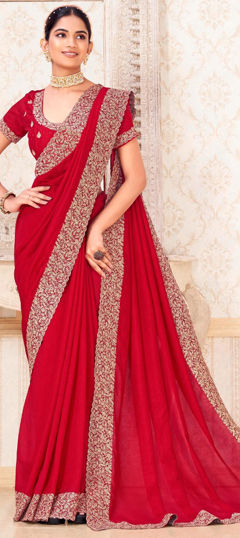 Red and Maroon color Saree in Silk fabric with Embroidered, Thread work