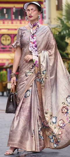 Beige and Brown color Saree in Satin Silk fabric with Floral, Printed work