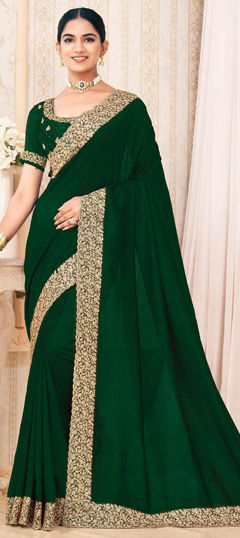 Green color Saree in Silk fabric with Embroidered, Thread work