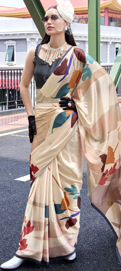 Beige and Brown color Saree in Satin Silk fabric with Floral, Printed work