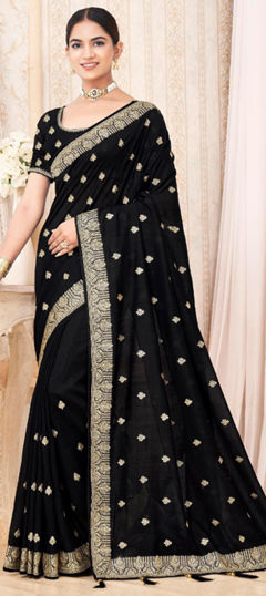 Black and Grey color Saree in Silk fabric with Embroidered, Thread work