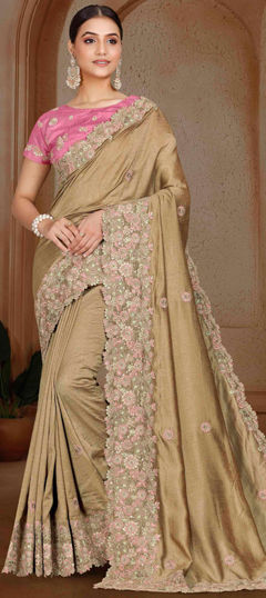 Beige and Brown color Saree in Art Silk fabric with Embroidered, Resham, Sequence, Thread work