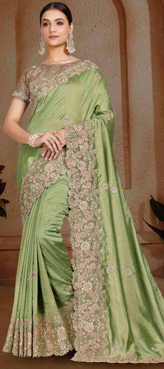 Green color Saree in Art Silk fabric with Embroidered, Resham, Sequence, Thread work