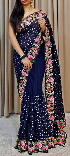 Blue color Saree in Georgette fabric with Embroidered, Sequence, Thread work