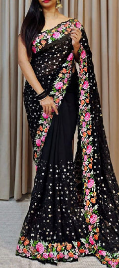 Black and Grey color Saree in Georgette fabric with Embroidered, Sequence, Thread work