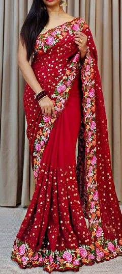 Red and Maroon color Saree in Georgette fabric with Embroidered, Sequence, Thread work