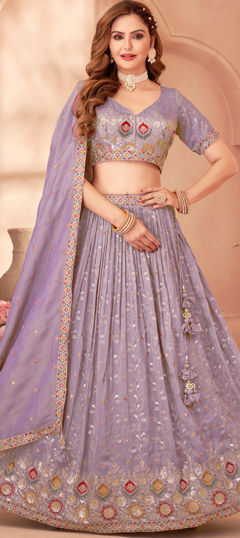 Purple and Violet color Ready to Wear Lehenga in Silk fabric with Border, Embroidered, Sequence, Thread work