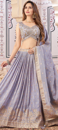 Black and Grey color Ready to Wear Lehenga in Silk fabric with Sequence, Weaving, Zardozi work