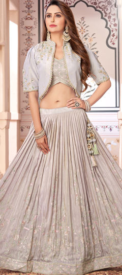 Beige and Brown color Ready to Wear Lehenga in Silk fabric with Embroidered, Sequence, Thread work