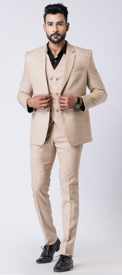 Beige and Brown color Tuxedo in Polyester Silk fabric with Thread work