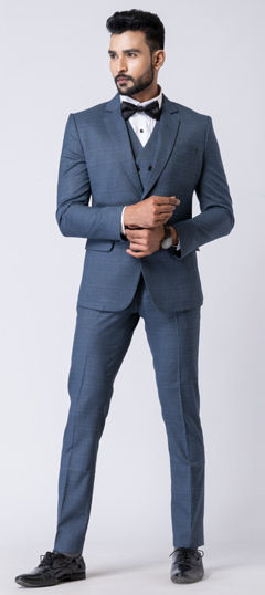 Blue color Tuxedo in Polyester Silk fabric with Thread work