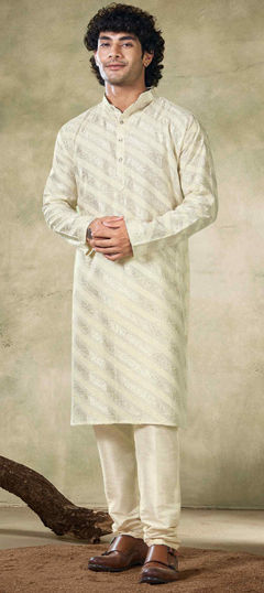 White and Off White color Kurta Pyjamas in Viscose fabric with Embroidered, Sequence, Thread work