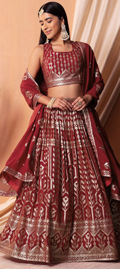 Red and Maroon color Lehenga in Georgette fabric with Embroidered, Sequence, Thread work