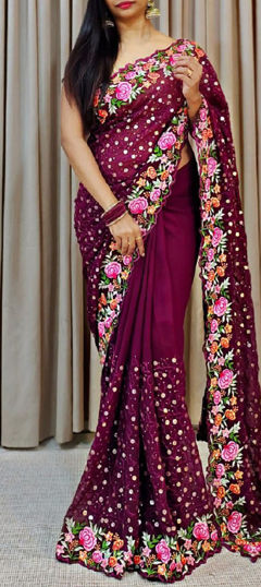 Purple and Violet color Saree in Georgette fabric with Embroidered, Sequence, Thread work