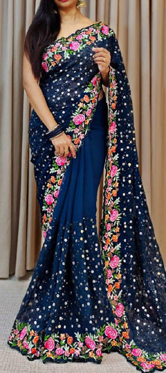 Blue color Saree in Georgette fabric with Embroidered, Sequence, Thread work