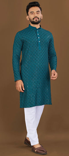 Blue color Kurta Pyjamas in Rayon fabric with Embroidered, Sequence, Thread work