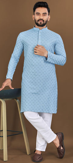 Blue color Kurta Pyjamas in Rayon fabric with Embroidered, Sequence, Thread work