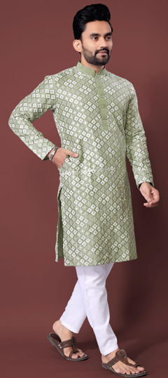 Green color Kurta Pyjamas in Silk fabric with Embroidered, Sequence, Thread work