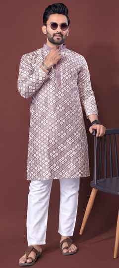 Purple and Violet color Kurta Pyjamas in Silk fabric with Embroidered, Sequence, Thread work