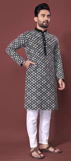 Black and Grey color Kurta Pyjamas in Silk fabric with Embroidered, Sequence, Thread work