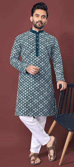 Blue color Kurta Pyjamas in Silk fabric with Embroidered, Sequence, Thread work