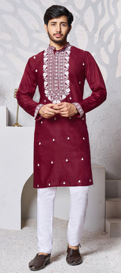 Red and Maroon color Kurta Pyjamas in Art Silk fabric with Embroidered, Resham, Thread work