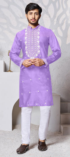 Purple and Violet color Kurta Pyjamas in Art Silk fabric with Embroidered, Resham, Thread work