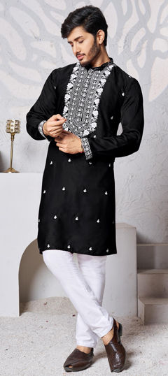 Black and Grey color Kurta Pyjamas in Art Silk fabric with Embroidered, Resham, Thread work