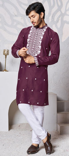 Red and Maroon color Kurta Pyjamas in Art Silk fabric with Embroidered, Resham, Thread work