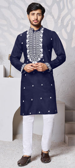 Blue color Kurta Pyjamas in Art Silk fabric with Embroidered, Resham, Thread work