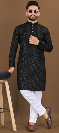 Black and Grey color Kurta Pyjamas in Rayon fabric with Embroidered, Sequence, Thread work